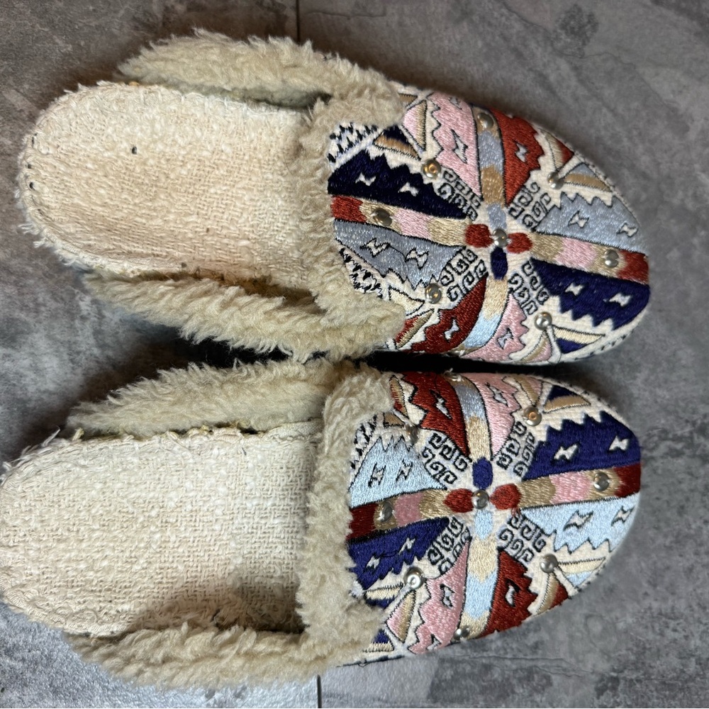 Free People Embroidered Fur-Lined Slip-On Slippers in Cream, Pink, Navy, Rust